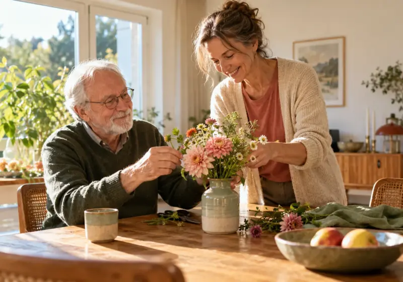 Älterer Mann und Begleiterin mit Blumen an einem Esstisch.