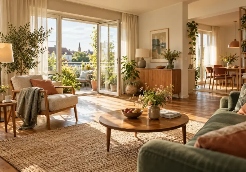 Helle Wohnung mit freiem Weg und gemütlichen Sitzplätzen.